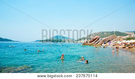 Rafailovici. Montenegro - August, 2017. Beautiful View On Beach In Rafailovici On The Budva Riviera 