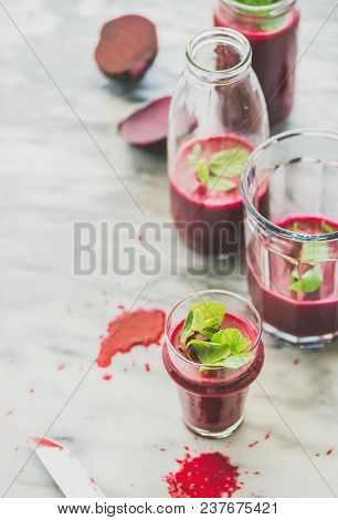 Fresh Morning Beetroot Smoothie Or Juice In Glasses With Mint Leaves, Grey Marble Background, Copy S