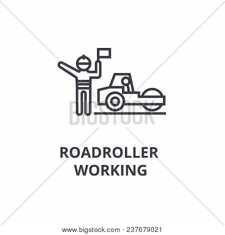 Roadroller Working Thin Line Icon, Sign, Symbol, Illustation, Linear Concept Vector