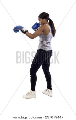 Black Female Isolated On A White Background Wearing Boxing Gloves Working Out With Box Aerobics Card
