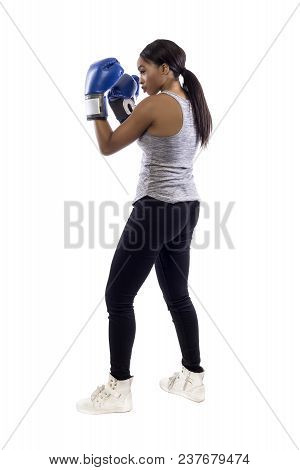 Black Female Isolated On A White Background Wearing Boxing Gloves Working Out With Box Aerobics Card