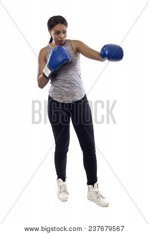 Black Female Isolated On A White Background Wearing Boxing Gloves Working Out With Box Aerobics Card