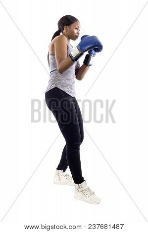 Black Female Isolated On A White Background Wearing Boxing Gloves Working Out With Box Aerobics Card