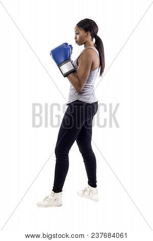 Black Female Isolated On A White Background Wearing Boxing Gloves Working Out With Box Aerobics Card
