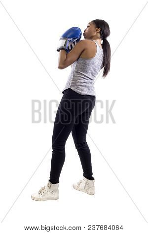 Black Female Isolated On A White Background Wearing Boxing Gloves Working Out With Box Aerobics Card