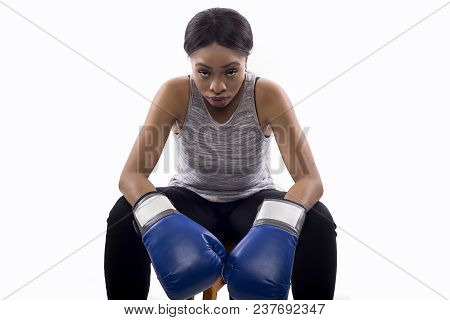 Black Female Isolated On A White Background Wearing Boxing Gloves Working Out With Box Aerobics Card