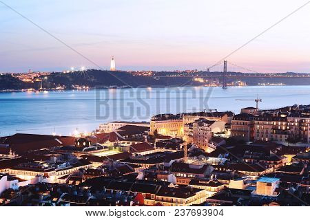 Panomaric View Of The City Of Lisbon At The Sunset. Portugal.