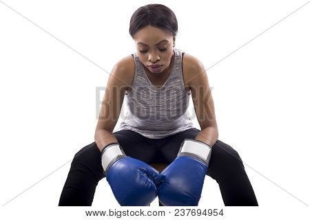 Black Female Isolated On A White Background Wearing Boxing Gloves Working Out With Box Aerobics Card