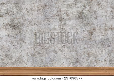 Room Perspective, Grunge Grey Concrete Wall And Wooden Plank Grou