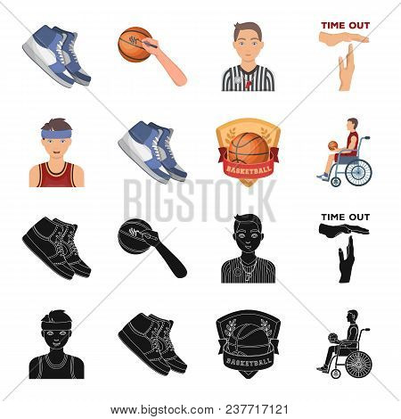 Basketball And Attributes Black, Cartoon Icons In Set Collection For Design.basketball Player And Eq