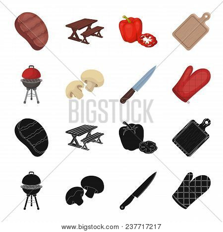 Barbeque Grill, Champignons, Knife, Barbecue Mitten.bbq Set Collection Icons In Black, Cartoon Style