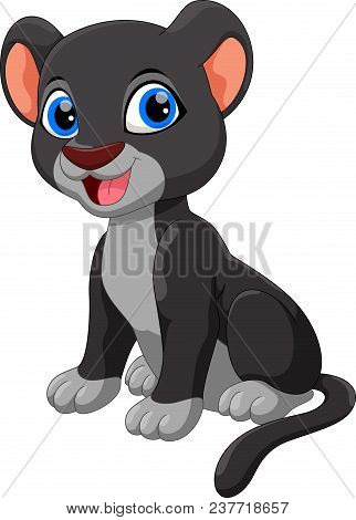 Cute Black Panther Sitting Cartoon Isolated On White Background
