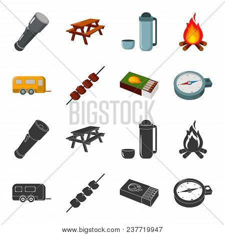 Trailer, Shish Kebab, Matches, Compass. Camping Set Collection Icons In Black, Cartoon Style Vector 