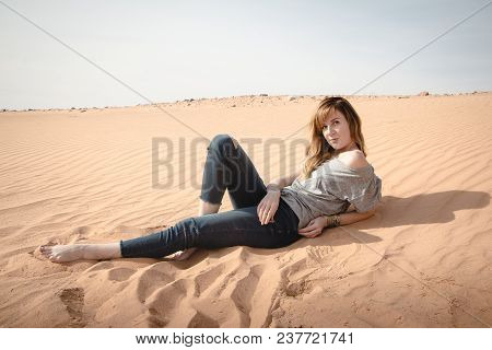 Girl Have Fun In Desert In A Summer Day