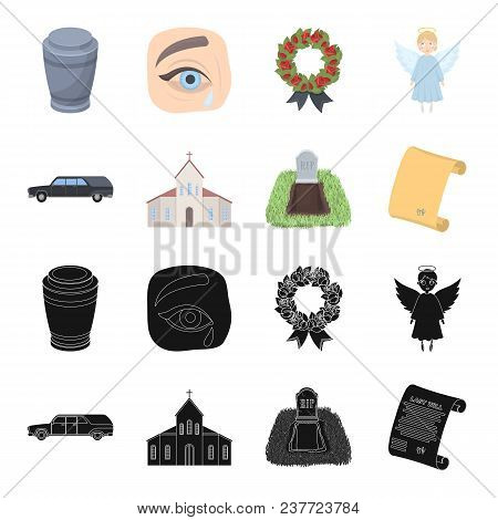Black Cadillac To Transport The Grave Of The Deceased, A Church For A Funeral Ceremony, A Grave With