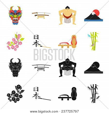 Geta, Sakura Flowers, Bamboo, Hieroglyph.japan Set Collection Icons In Black, Cartoon Style Vector S