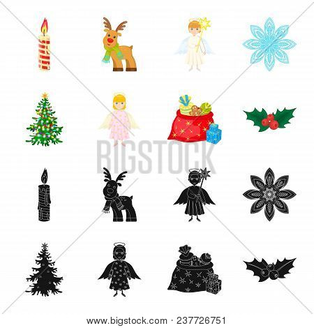 Christmas Tree, Angel, Gifts And Holly Black, Cartoon Icons In Set Collection For Design. Christmas 