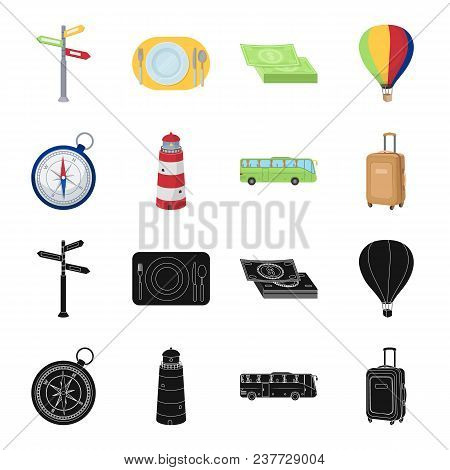 Vacation, Travel, Lighthouse, Compass .rest And Travel Set Collection Icons In Black, Cartoon Style 