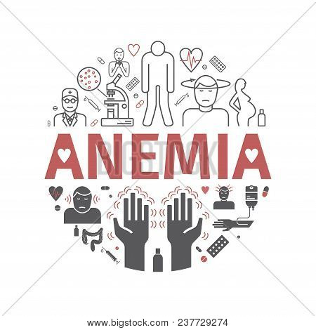 Symptoms Of Anemia. Iron Deficiency. Diagnosis And Treatment Of Anemia. Icons Set.