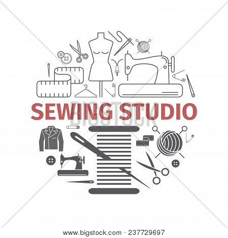 Sewing Round Banner, Needlework Line And Flat Icons.