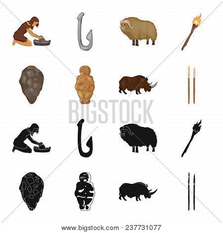 Primitive, Woman, Man, Cattle .stone Age Set Collection Icons In Black, Cartoon Style Vector Symbol 