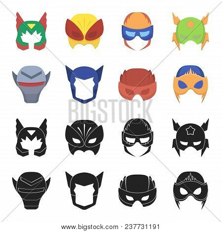 Helmet, Mask On The Head.mask Super Hero Set Collection Icons In Black, Cartoon Style Vector Symbol 