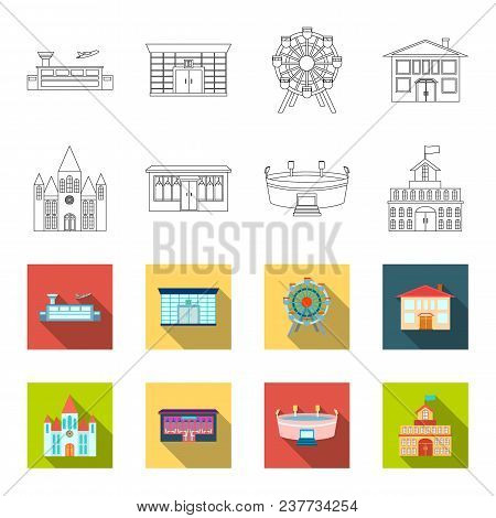 House Of Government, Stadium, Cafe, Church.building Set Collection Icons In Outline, Flat Style Vect