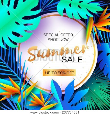 Flower Strelitzia. Bird Of Paradise - Exotic Tropical Plant. Palms. Summer Sale In Paper Cut Style. 