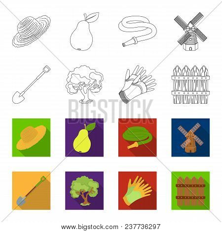 A Shovel With A Handle, A Tree In The Garden, Gloves For Working On A Farm, A Wooden Fence. Farm And