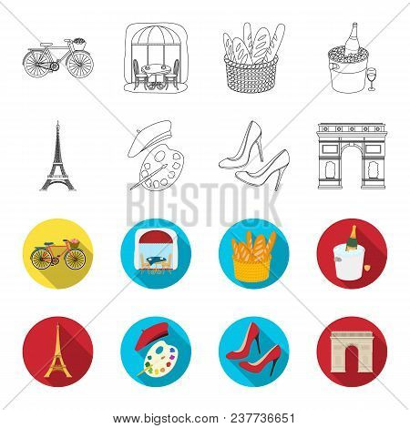 Eiffel Tower, Brush, Hat .france Country Set Collection Icons In Outline, Flet Style Vector Symbol S