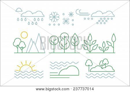 Nature Set, Trees, Plants, Sea And Weather Forecast Signs N A Linear Style Vector Illustration Isola