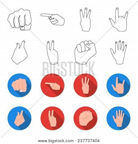 Open Fist, Victory, Miser. Hand Gesture Set Collection Icons In Outline, Flat Style Vector Symbol St