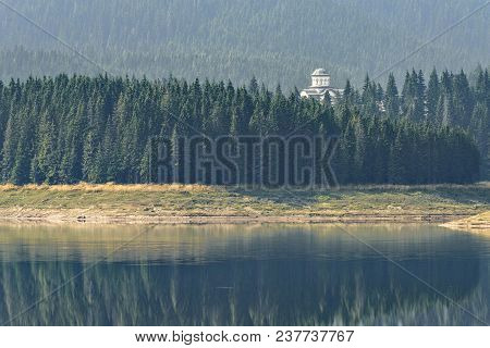 Daylight Misty View To Oasa Dam Lake With Mountains