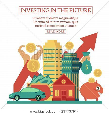 Flat Inveting In The Future Poster Template With Business, Banking Objects, Wallet With Money Piggy 