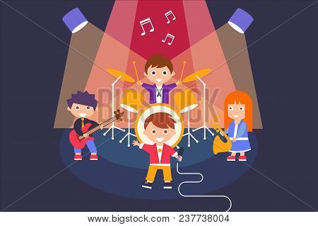 Kids Playing Different Musical Instruments And Singing Song, Musical Group Performing On The Stage V