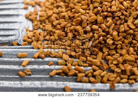 Fragrant Grains Of Fenugreek On A Rustic Background.