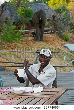 South Luangwa National Park, Zambia - 2017.  African Guide At Kafunta Lodge In South Luangwa Smiling