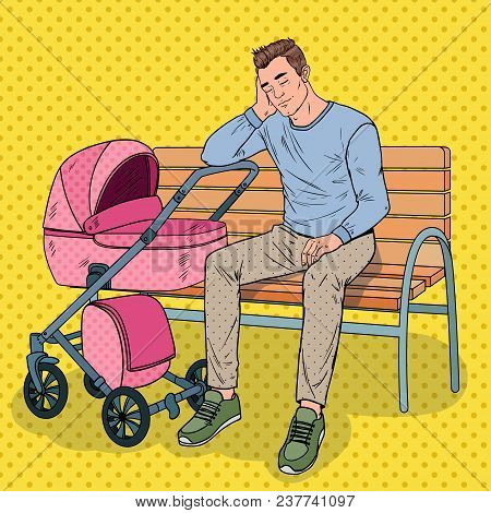 Pop Art Sleepless Young Father Sitting On The Park Bench With Baby Stroller. Parenting Concept. Tire