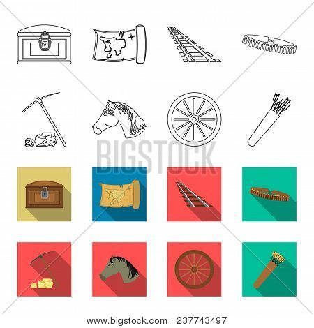 Pickax Hoe, Horse Head, Wheel Cart, Quiver With Arrows.wild West Set Collection Icons In Outline, Fl