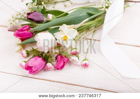 Flowers Composition. Frame Made Of White Flowers On White Background. Valentine's Day. Flat Lay, Top