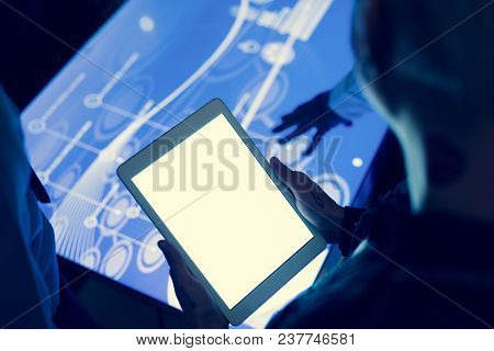 Hands holding using tablet in technologiy meeting