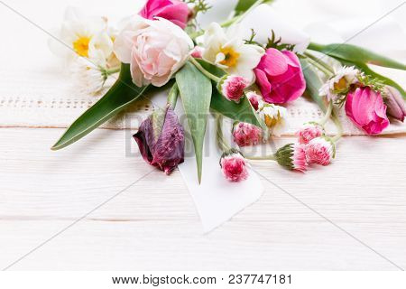 Flowers Composition. Frame Made Of White Flowers On White Background. Valentine's Day. Flat Lay, Top