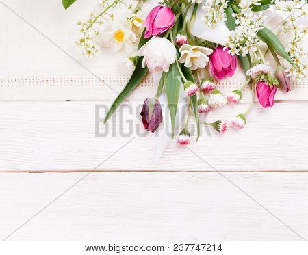 Flowers Composition. Frame Made Of White Flowers On White Background. Valentine's Day. Flat Lay, Top