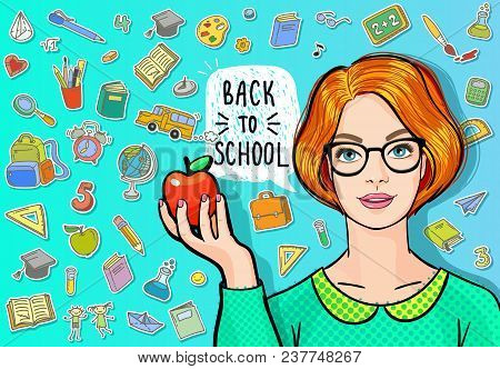 Concept Of Education. Young Woman, Teacher Holding An Apple On Blue Background With Icons Of Educati