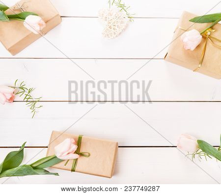 Flowers Composition. Frame Made Of Pink Flowers On White Background. Valentine's Day. Flat Lay, Top 