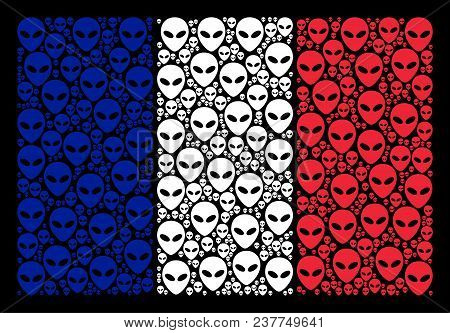 French National Flag Pattern Combined Of Alien Face Design Elements. Vector Alien Face Elements Are 
