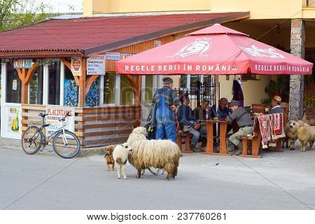 Sapanta, Romania - April 26, 2017: Street View Of Traditional Romanian Village With Villagers Drinki