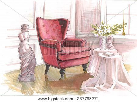 Interior With A Chair, Statue And Table On The Parquet. Background Is Wooden Wall And Window