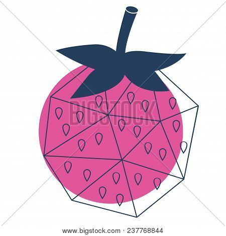 Cartoon Thin Line Polygonal Strawberry With Leaves And Seeds. Triangular, Geometrical Berry Isolated