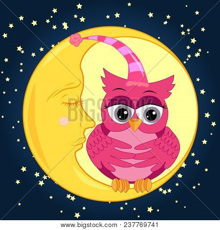 A Sweet Cartoon Pink Owl In A Sleeping Cap Relaxes Sitting On A Sleeping Sickle Of The Moon Among A
